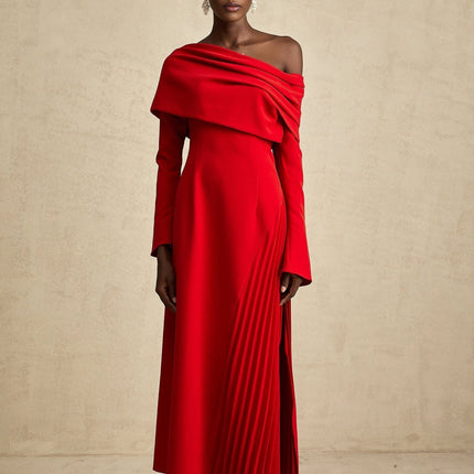 Heaven Red Maxi Dress with Asymmetric Neckline and High Slit