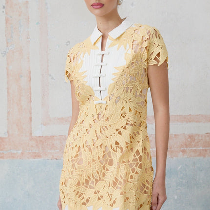 Heaven Yellow Crochet Leaf Applique Mini Dress