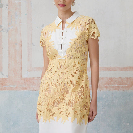 Heaven Yellow Crochet Leaf Applique Mini Dress