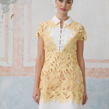 Heaven Yellow Crochet Leaf Applique Mini Dress