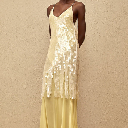 Heaven Yellow Sequin Mesh Maxi Dress with Open Back and Pleated Detailing
