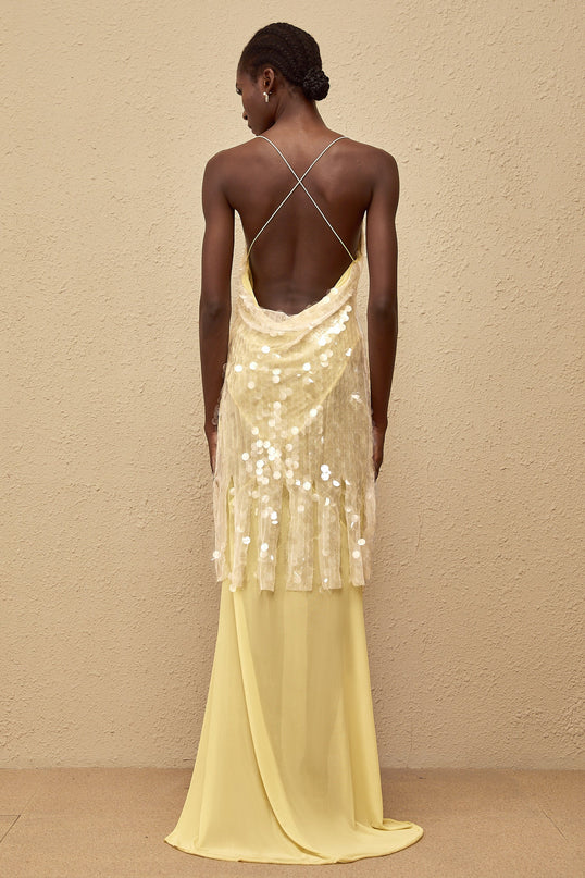 Heaven Yellow Sequin Mesh Maxi Dress with Open Back and Pleated Detailing