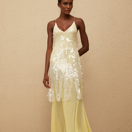 Heaven Yellow Sequin Mesh Maxi Dress with Open Back and Pleated Detailing