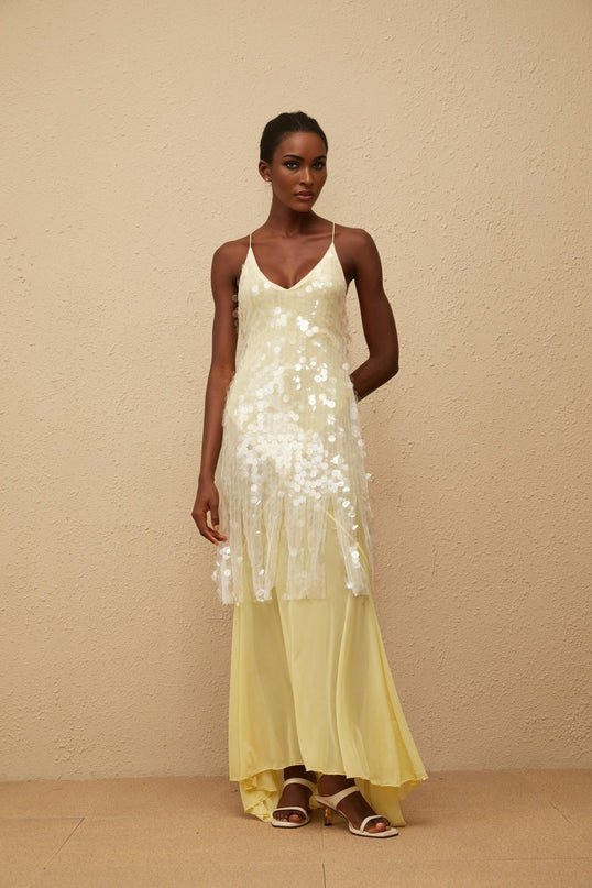 Heaven Yellow Sequin Mesh Maxi Dress with Open Back and Pleated Detailing