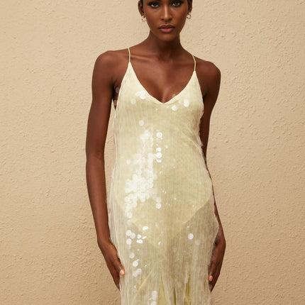 Heaven Yellow Sequin Mesh Maxi Dress with Open Back and Pleated Detailing