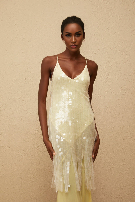 Heaven Yellow Sequin Mesh Maxi Dress with Open Back and Pleated Detailing