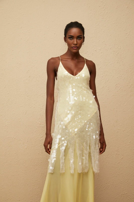 Heaven Yellow Sequin Mesh Maxi Dress with Open Back and Spaghetti Straps