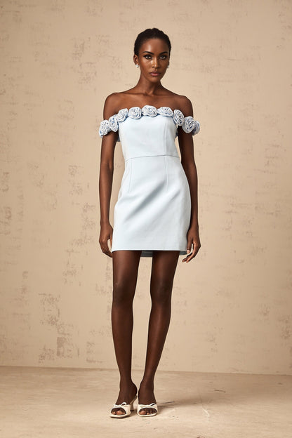 Hedwige blue mini dress with floral appliques decorating the fabric