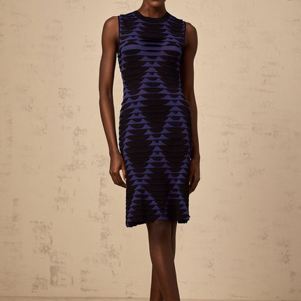 Helena Black Blue Flare Hem Mini Dress 3D Snake Pattern Godet Detailing Sleeveless Crew Neck Stretch Knit