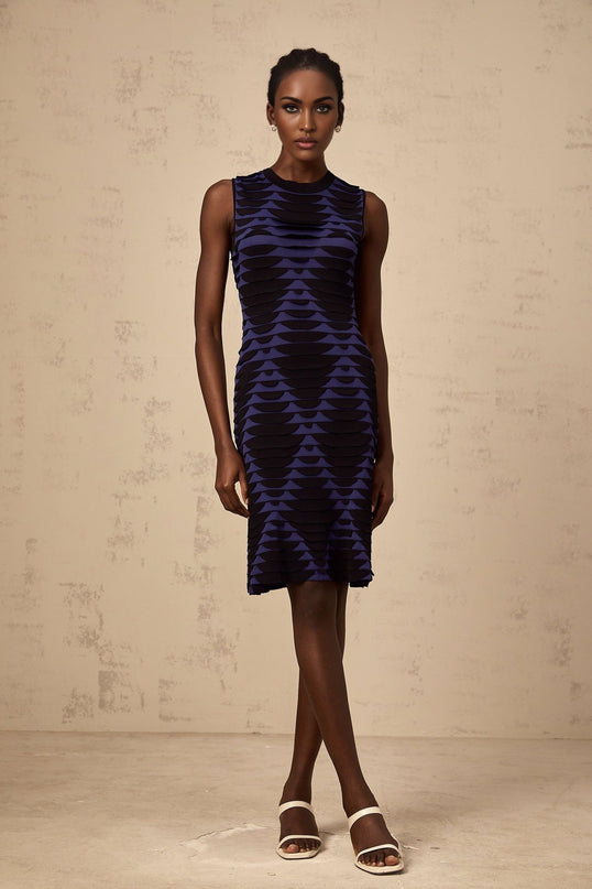 Helena Black Blue Flare Hem Mini Dress 3D Snake Pattern Godet Detailing Sleeveless Crew Neck Stretch Knit