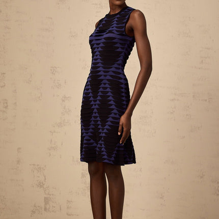 Helena Black Blue Flare Hem Mini Dress 3D Snake Pattern Crew Neck Sleeveless Godet Detailing Flared Hem