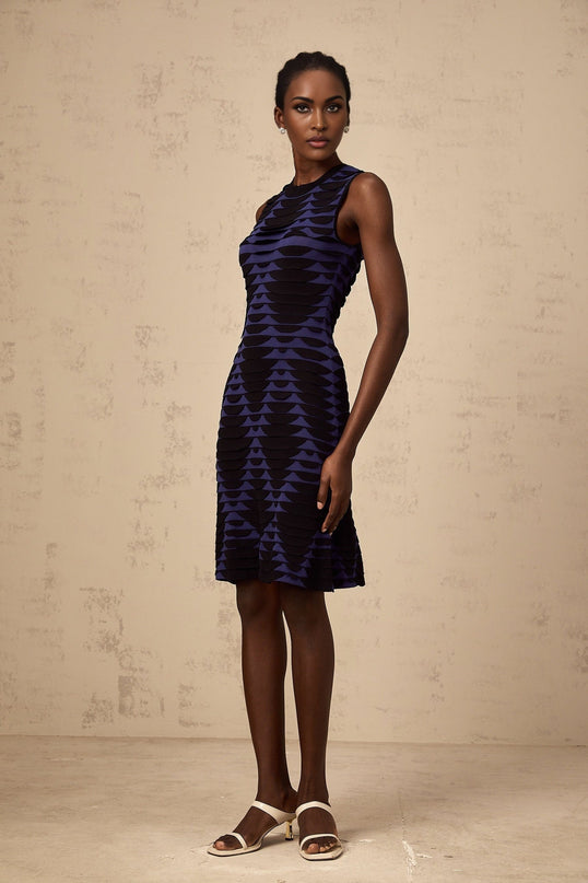 Helena Black Blue Flare Hem Mini Dress 3D Snake Pattern Crew Neck Sleeveless Godet Detailing Flared Hem