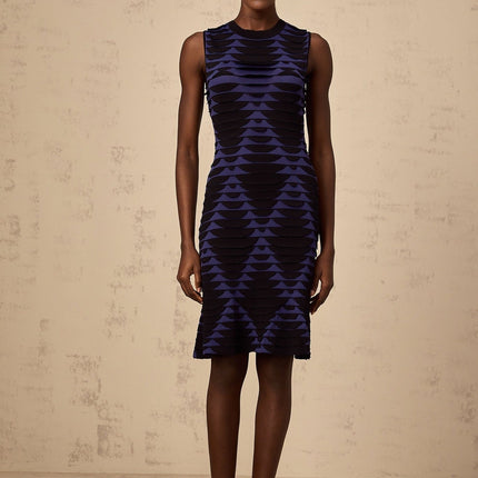Helena Black Blue Flare Hem Mini Dress 3D Snake Pattern Godet Detailing Sleeveless Crew Neck Stretch Knit