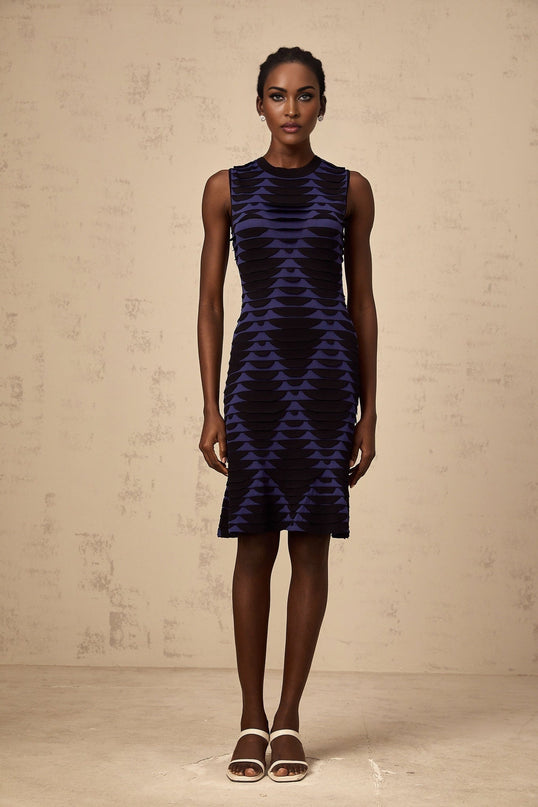 Helena Black Blue Flare Hem Mini Dress 3D Snake Pattern Godet Detailing Sleeveless Crew Neck Stretch Knit