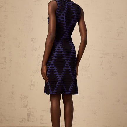 Helena Black Blue Flare Hem Mini Dress 3D Snake Pattern Godet Detailing Sleeveless Crew Neck Stretch-knit