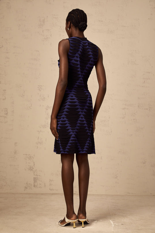 Helena Black Blue Flare Hem Mini Dress 3D Snake Pattern Godet Detailing Sleeveless Crew Neck Stretch-knit