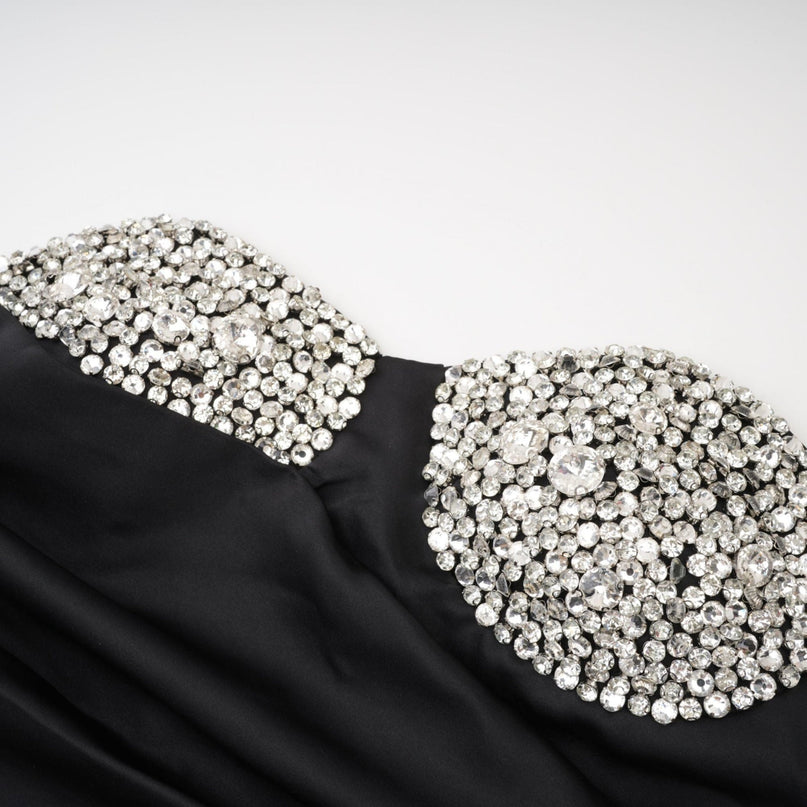 Helena Black Mini Dress with Off-Shoulder Design and Crystal Embellishments