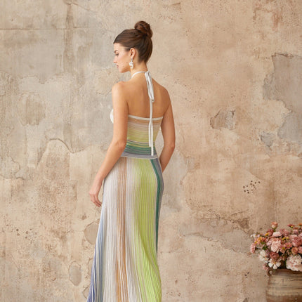 Helena Green Maxi Dress Striped Glitter Halterneck Tie-Back Sleeveless Elegant Ensemble