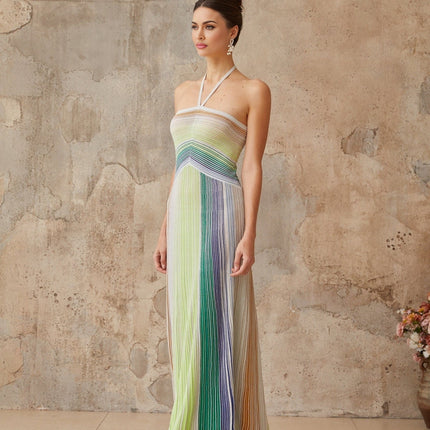 Helena Green Maxi Dress Striped Glitter Halterneck Tie-Back Sleeveless Elegant Ensemble