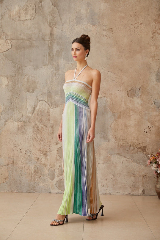 Helena Green Maxi Dress Striped Glitter Halterneck Tie-Back Sleeveless Elegant Ensemble