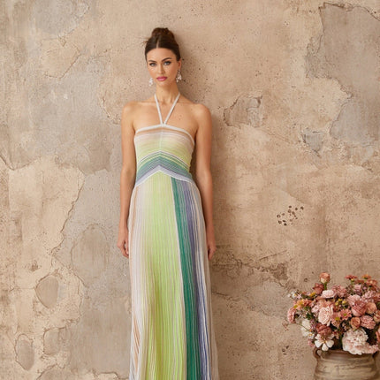 Helena Green Maxi Dress with Striped Pattern and Glitter Detailing