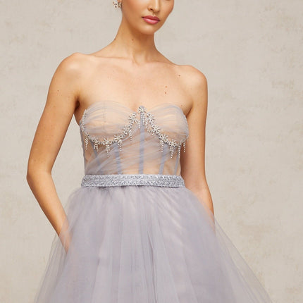 Helena Grey Tulle Crystal Embellished Mini Dress