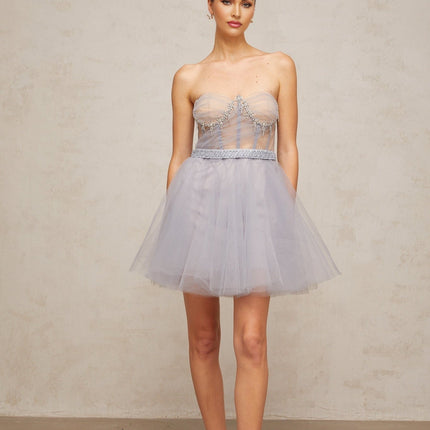 Helena Grey Tulle Crystal Embellished Mini Dress with Off-the-Shoulder Design and Puff Skirt