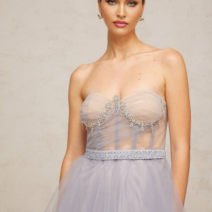 Helena Grey Tulle Crystal Embellished Mini Dress with Off-the-Shoulder Design and Puff Skirt
