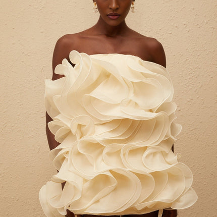 Helena Mini Dress in Cream White with 3D-Petal Detailing