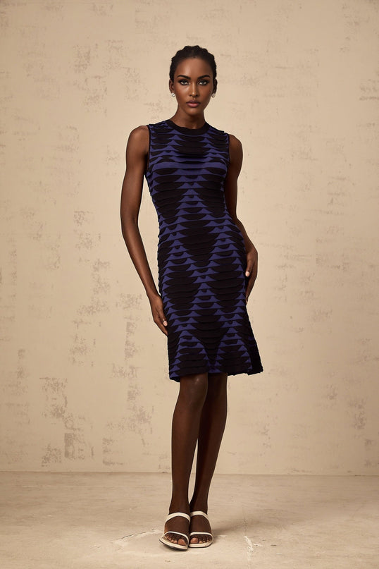 Helena Black and Blue Flare Hem Mini Dress with 3D Snake Pattern