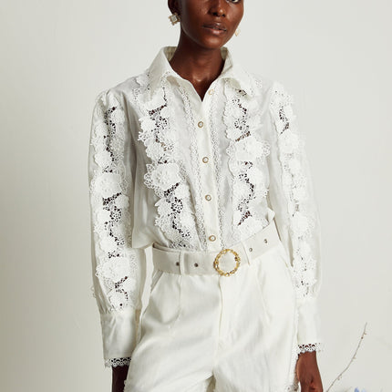 Helena White Shirt and Shorts Matching Set 85% Cotton 15% Spandex Floral Embroidery Lace Trim Lapel Collar Buttoned Cuffs Belted Waist Mini Length Side Welt Pockets Size M
