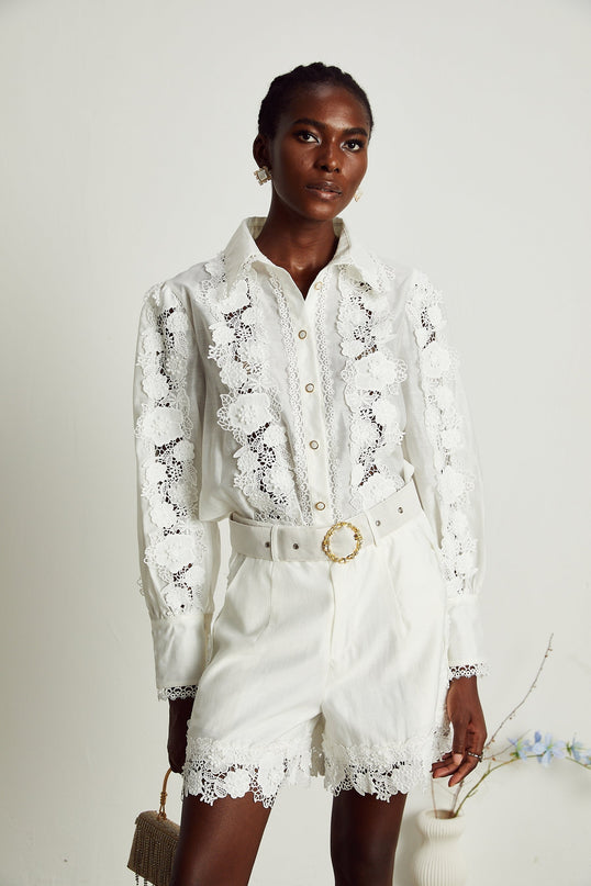Helena White Shirt and Shorts Matching Set 85% Cotton 15% Spandex Floral Embroidery Lace Trim Lapel Collar Buttoned Cuffs Belted Waist Mini Length Side Welt Pockets Size M