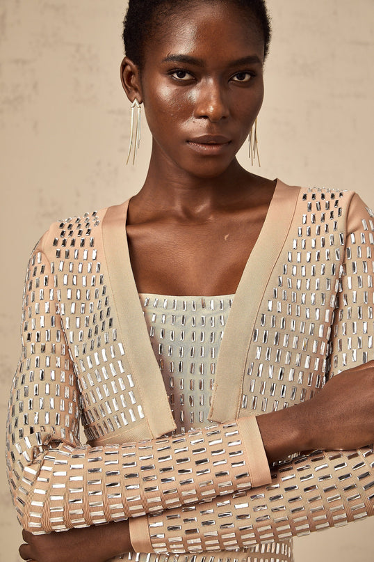 Helena Stud Embellishment Cropped Jacket in Neutrals