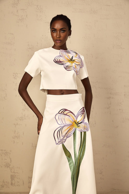 Helena White Floral Appliqué Top Skirt Set Terylene Fiber Sequin Embellishments Elegant Graceful