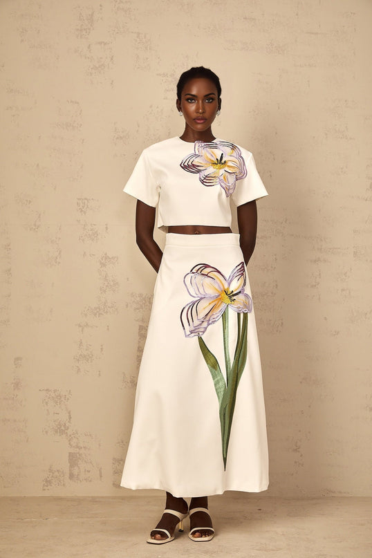 Helena White Floral Appliqué Top Skirt Set Embroidered Sequin Terylene Fiber