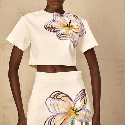 Helena White Floral Appliqué Top Skirt Set Sequin Embroidered Terylene Fiber