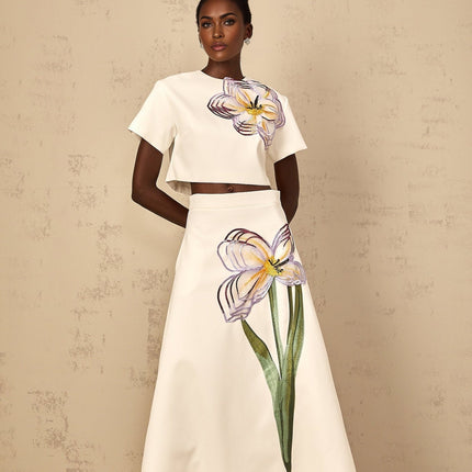 Helena White Floral Appliqué Top Skirt Set Terylene Fiber Sequin Embellishments Elegant Graceful Ensemble