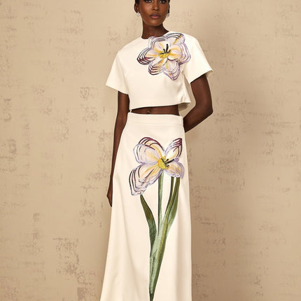 Helena White Floral Appliqué Top and Skirt Set