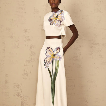 Helena White Floral Appliqué Top Skirt Set
