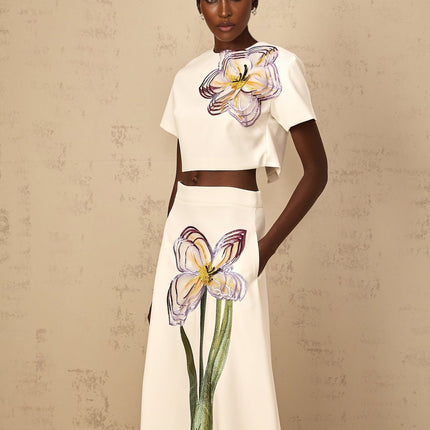 Helena White Floral Appliqué Top Skirt Set