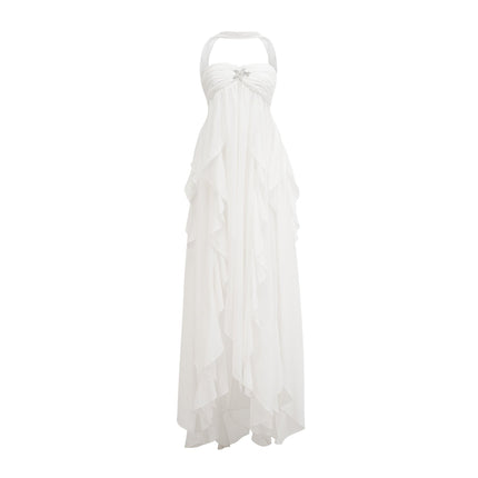 Helena White Lace Halter Neck Maxi Dress with Diamond Embellishments