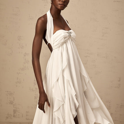 Helena White Lace Halter Neck Maxi Dress with Diamond Embellishments