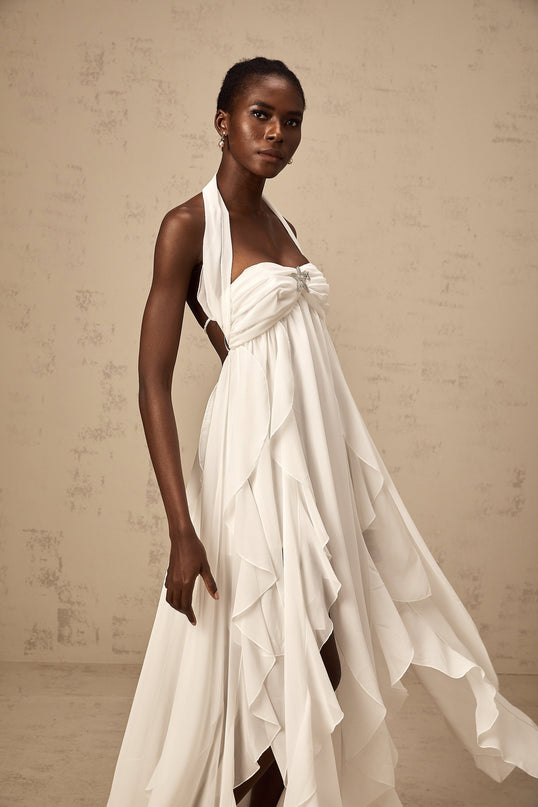 Helena White Lace Halter Neck Maxi Dress with Diamond Embellishments