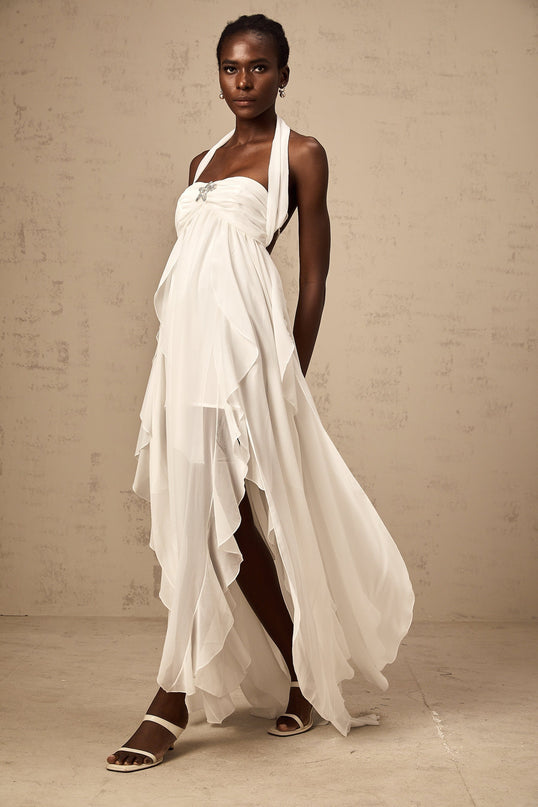 Helena White Lace Maxi Dress with Diamond Embellishments
