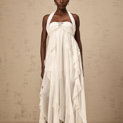 Helena White Lace Maxi Dress with Diamond Embellishments