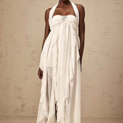 Helena White Lace Maxi Dress with Diamond Embellishments