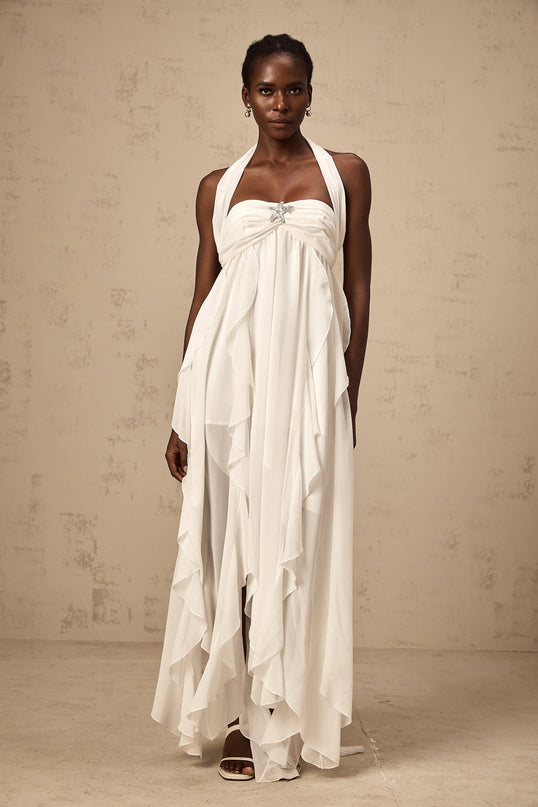 Helena White Lace Maxi Dress with Diamond Embellishments