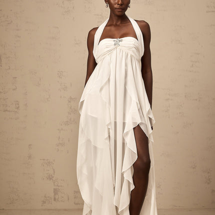 Helena White Lace Maxi Dress Halter Neck Diamond Embellishments Backless Design