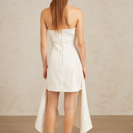 Helena White Mini Dress Off-Shoulder Textured Draped Sleeveless Cinched Waist Chic Rear Zip Fastening Terylene Cotton Elastane Composition Versatile Must-Have
