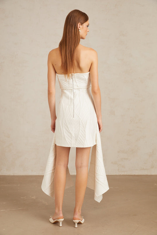 Helena White Mini Dress Off-Shoulder Textured Draped Sleeveless Cinched Waist Chic Rear Zip Fastening Terylene Cotton Elastane Composition Versatile Must-Have